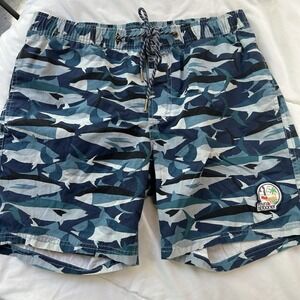 Reyn‎ Spooner Swim Trunks Shorts Men M Blue Tuna Fish Print Lined Drawcord Beach
